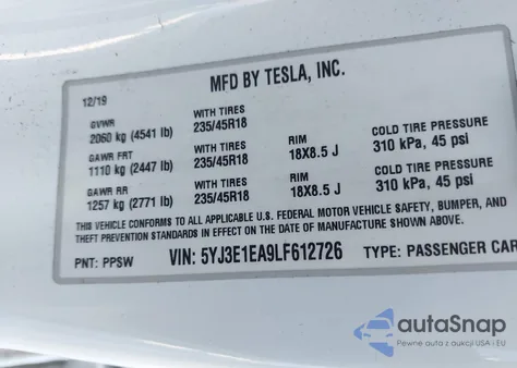 2020 Tesla Model 3 Standard Range Plus Rear-Wheel Drive/Standard Range Rear-Wheel Drive from USA, damaged, VIN 5YJ3E1EA9LF612726